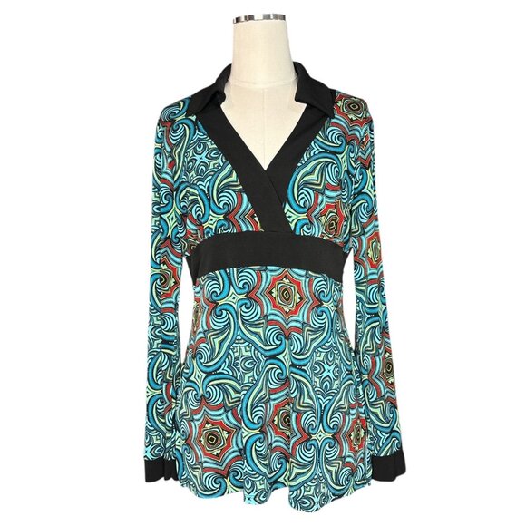 Retro Psychedelic Print Long Sleeve Top Large Empire Waist Stretch Blouse Collar - Picture 1 of 13